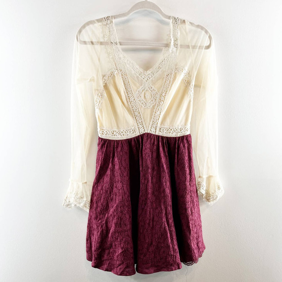 Free People V for Victoria Embroidered Lace Sleeve Mini Dress Ivory / Maroon 2 - Picture 5 of 15